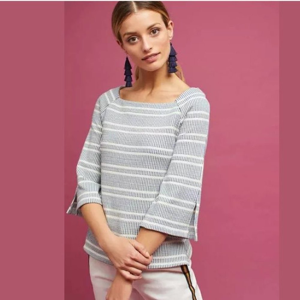 Anthropologie Postmark Blue Striped Flare Sleeve Knit Sweater Top Size M
